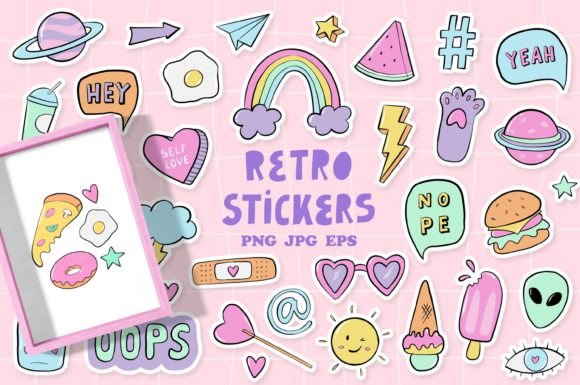 Download 35 Retro Stickers Doodles - EPS PNG JPG - Eps Collection