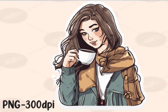 Download Girl Sipping Coffee PNG Sticker - Png sticker Collection